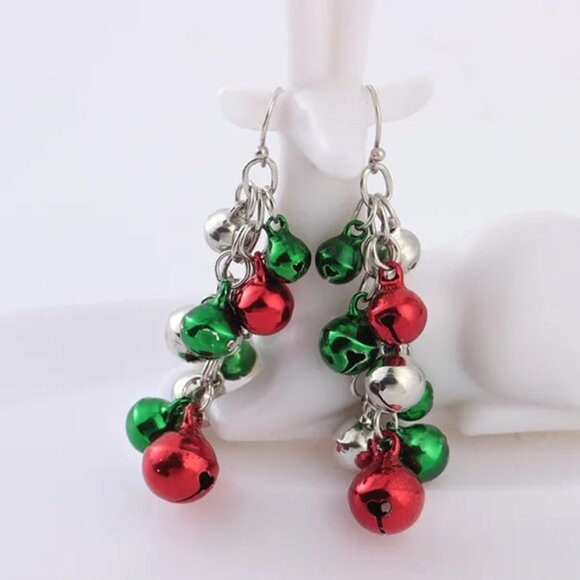 Christmas Jingle Bells Dangle Earrings, Make Noise - Green, Red, Silver Bells - Picture 5 of 9